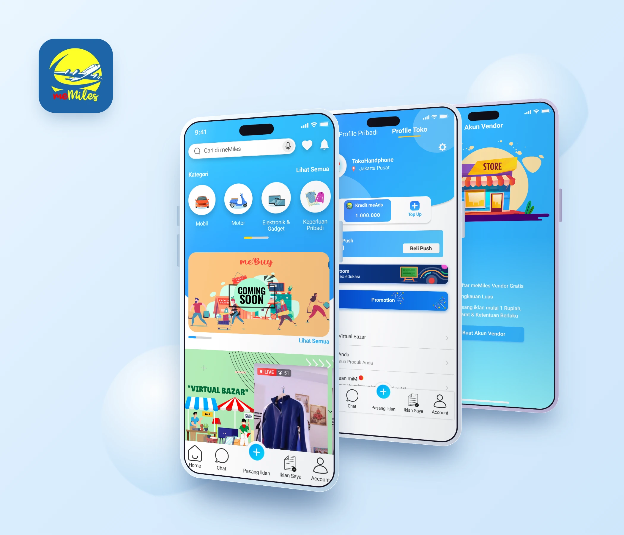Tampilan aplikasi mobile meMiles &mdash; marketplace dan iklan baris