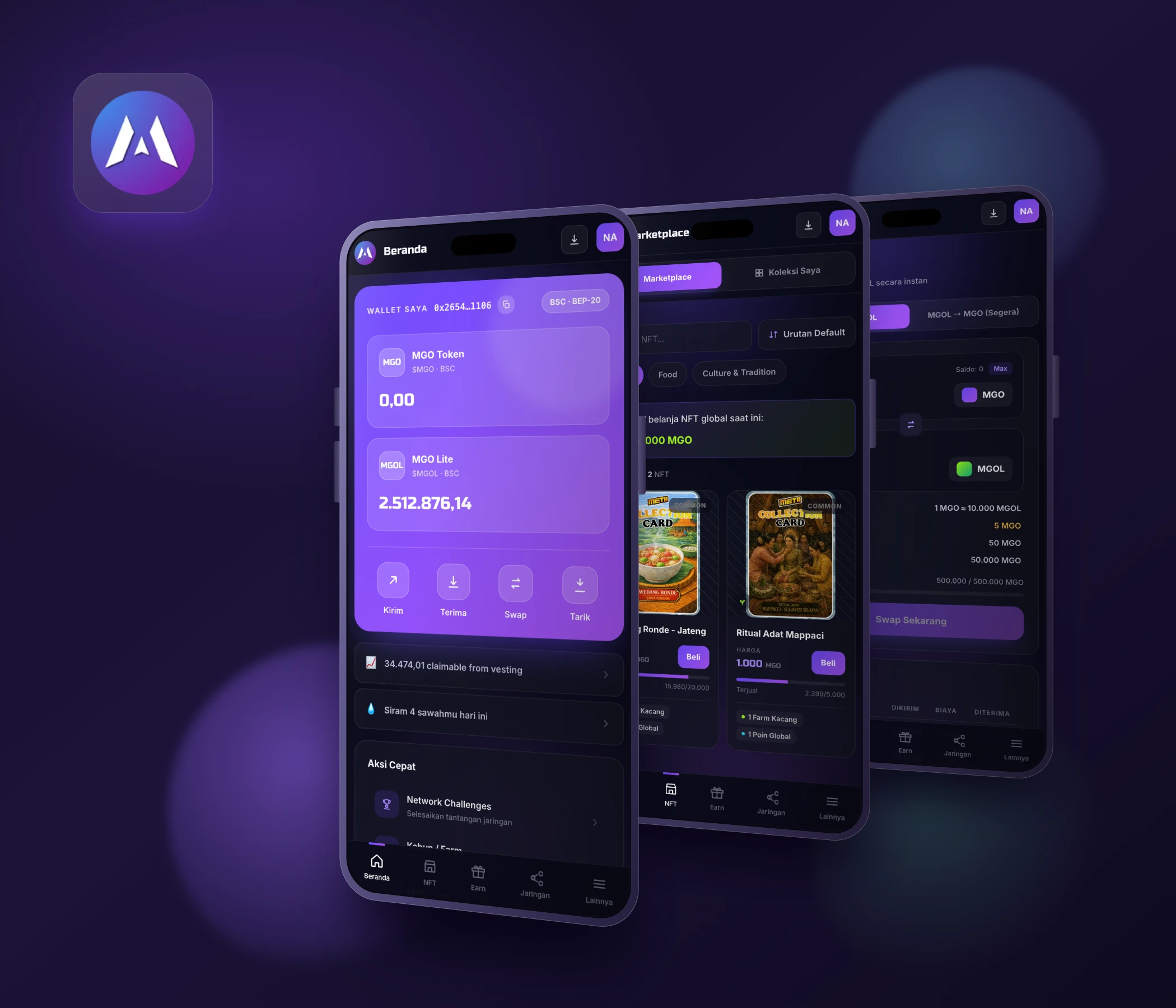 Tampilan aplikasi mobile MetaGo &mdash; dompet token MGO dan marketplace NFT